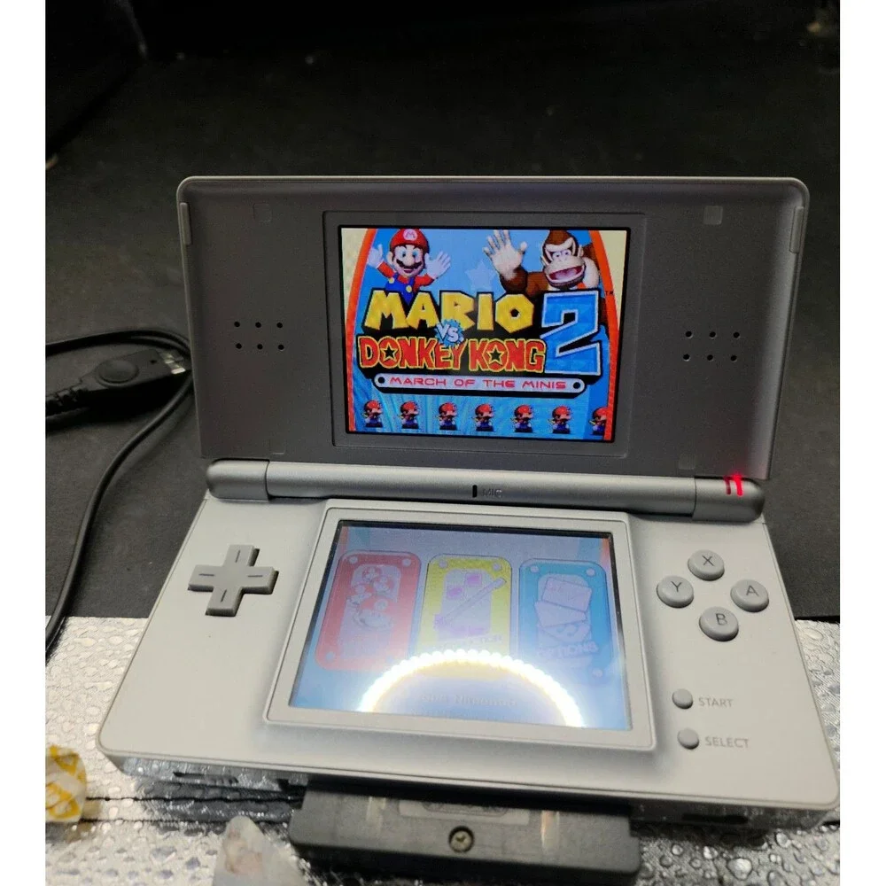 Nintendo DS Lite Silver Bundle – Works Great! Charger + 2 Games – No Stylus